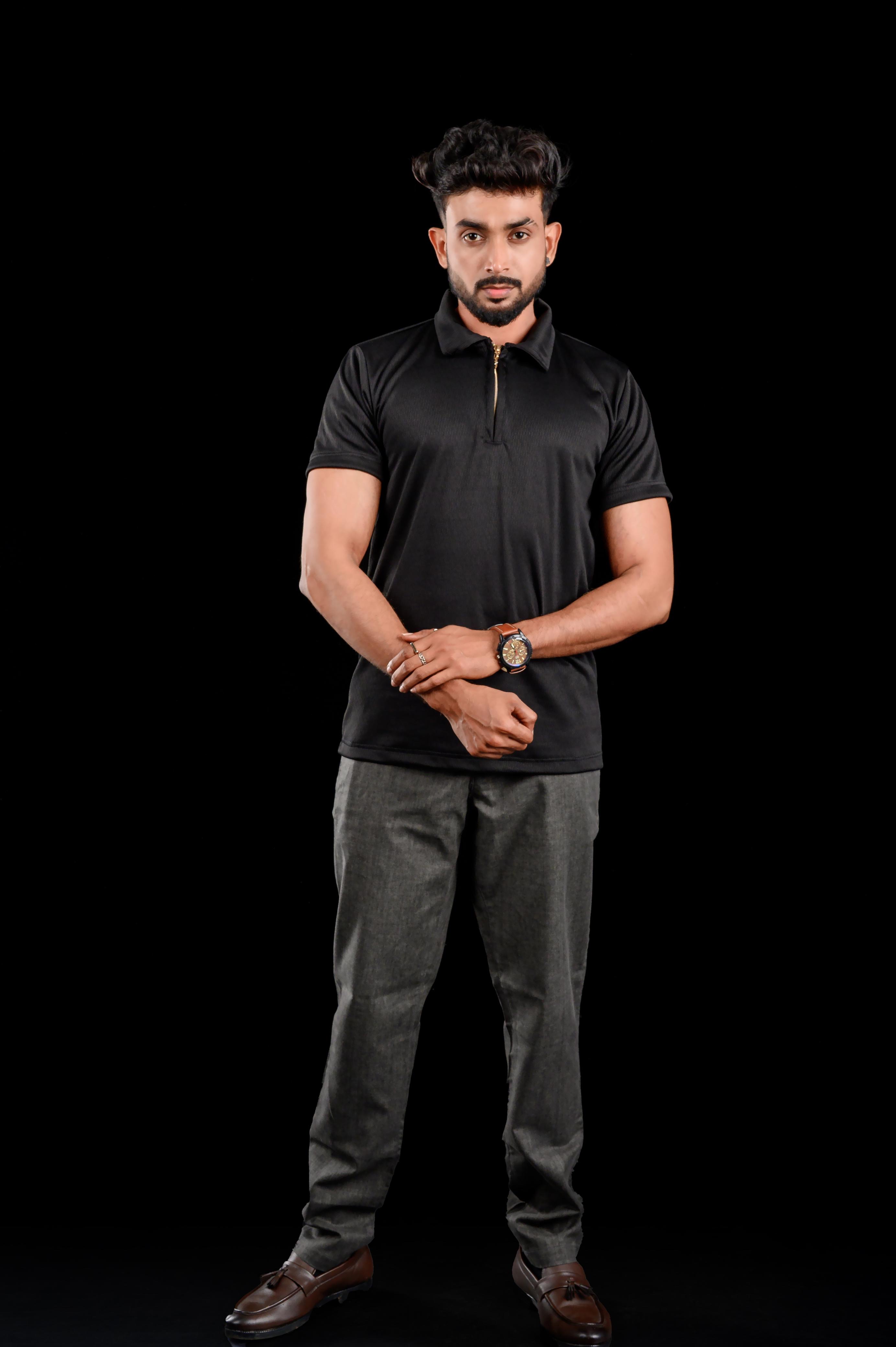 Him & Her Product Black Textured Zip Polo