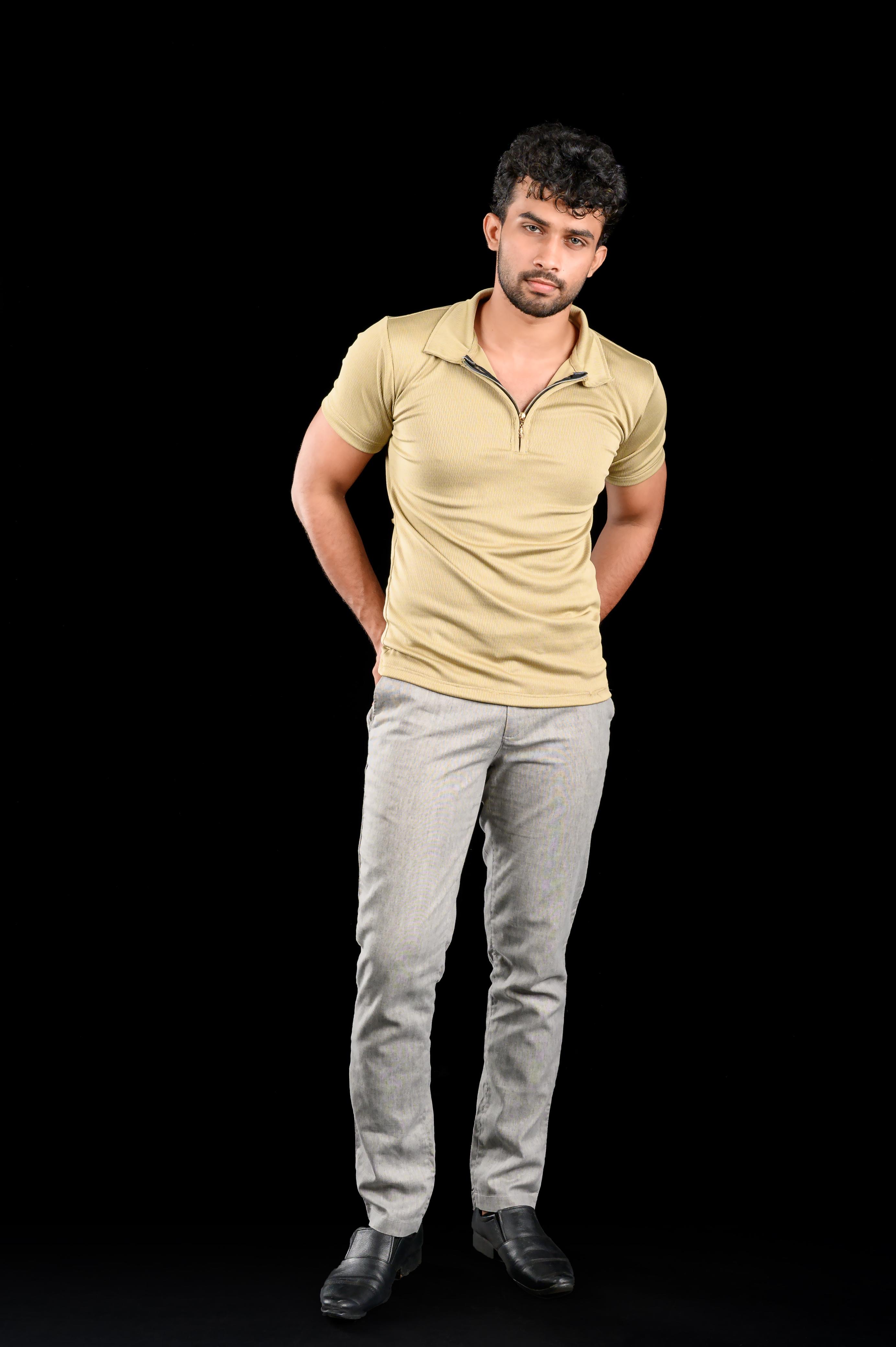 Him & Her Product Beige Textured Zip Polo