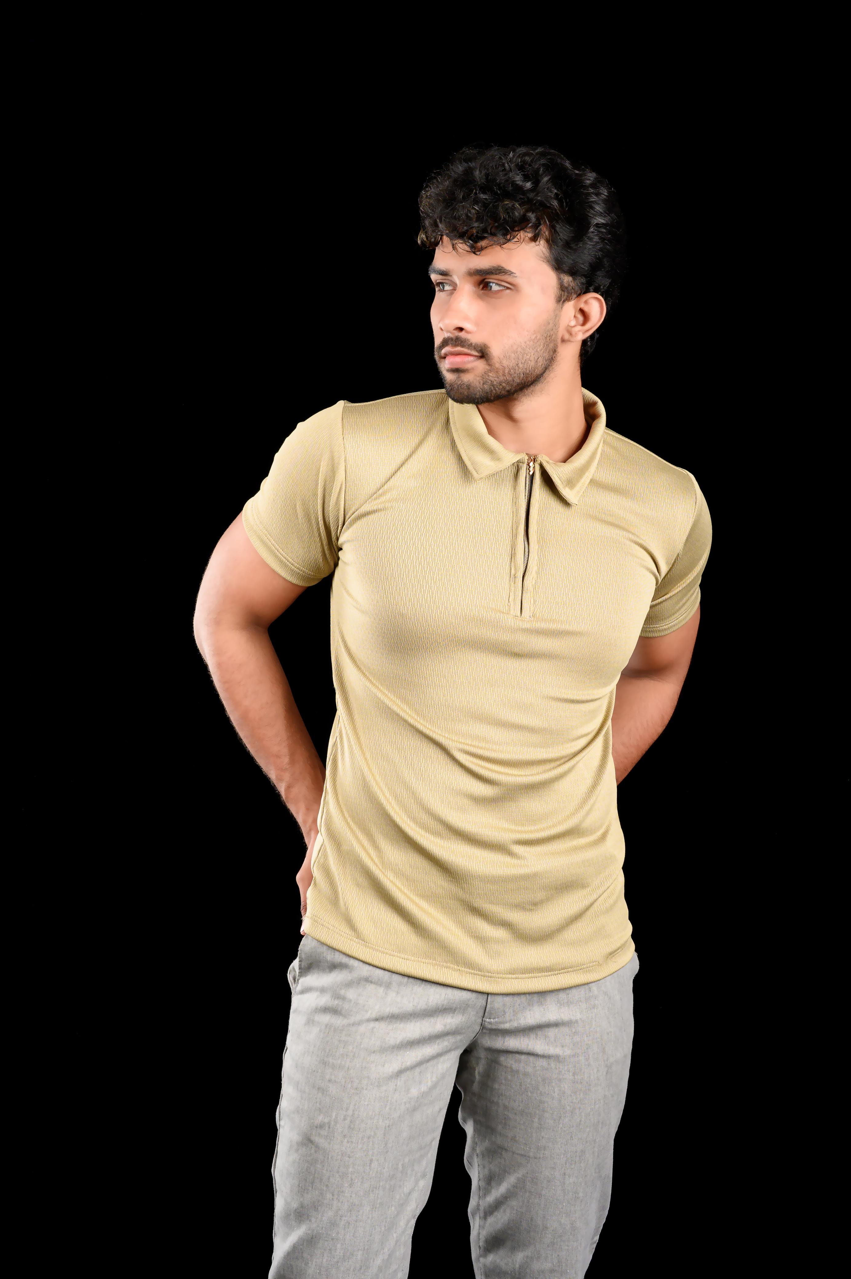 Him & Her Product Beige Textured Zip Polo