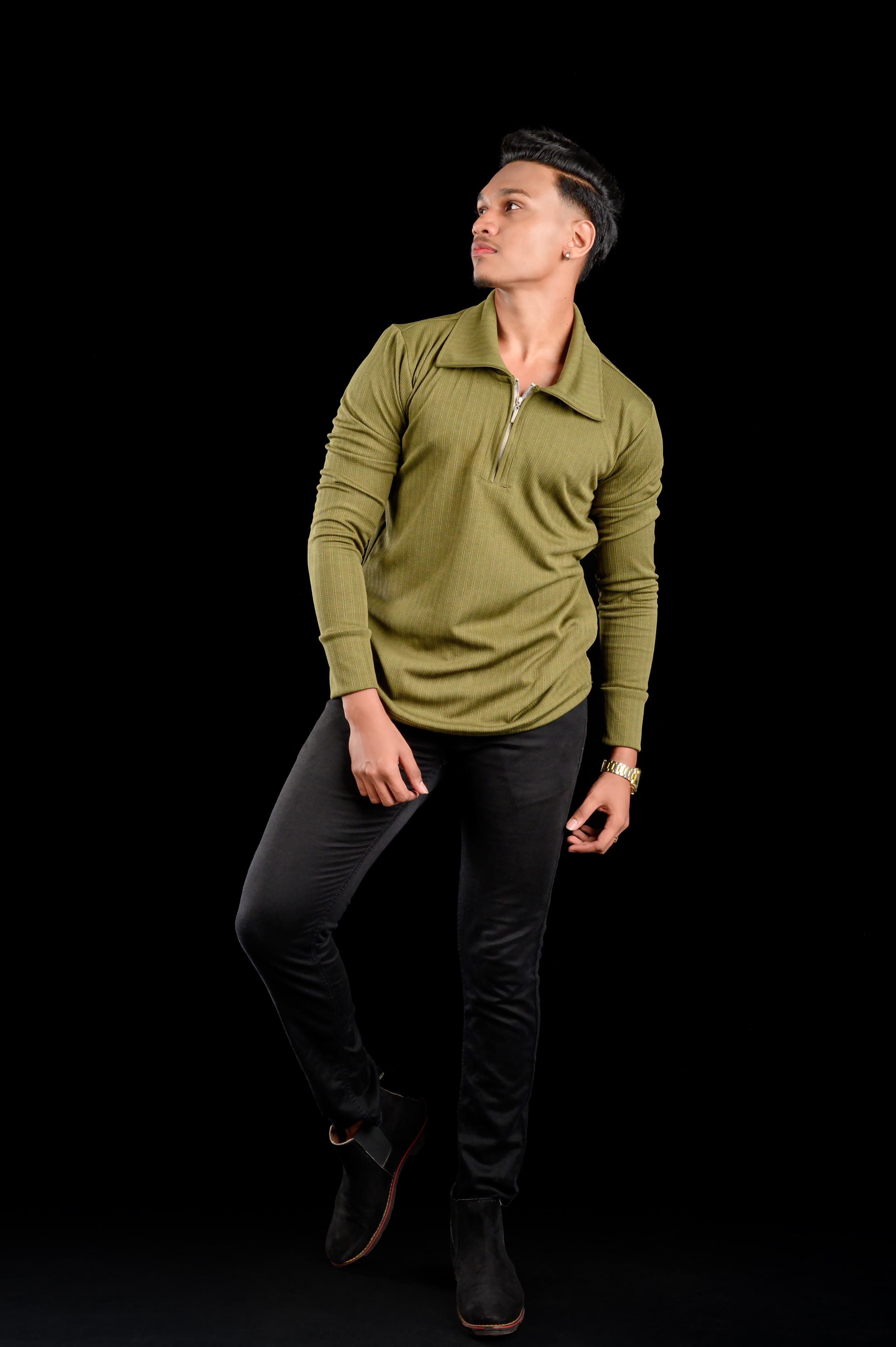 Him & Her Product Olive Textured Long sleeve Zip Polo