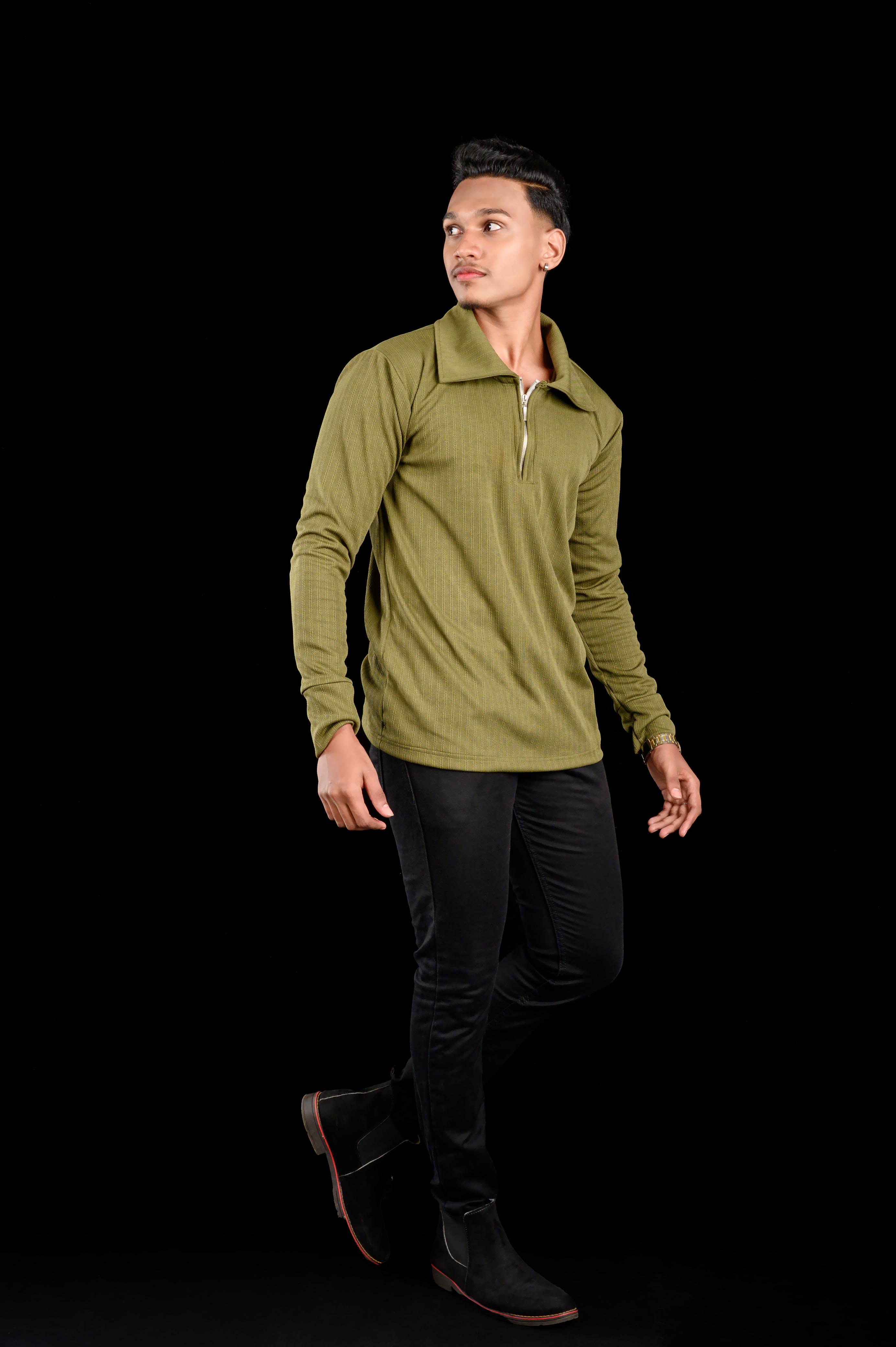 Him & Her Product Olive Textured Long sleeve Zip Polo