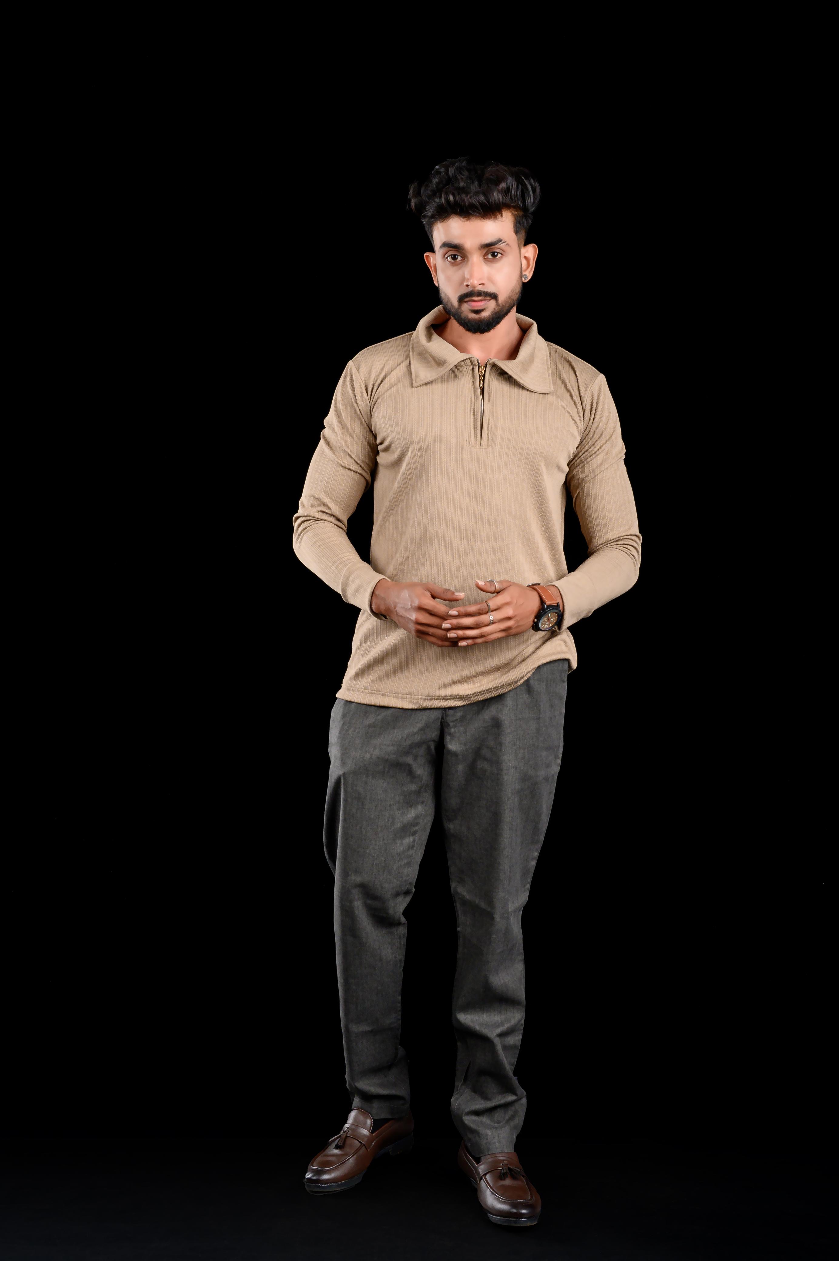 Him & Her Product Beige Textured Long sleeve Zip Polo