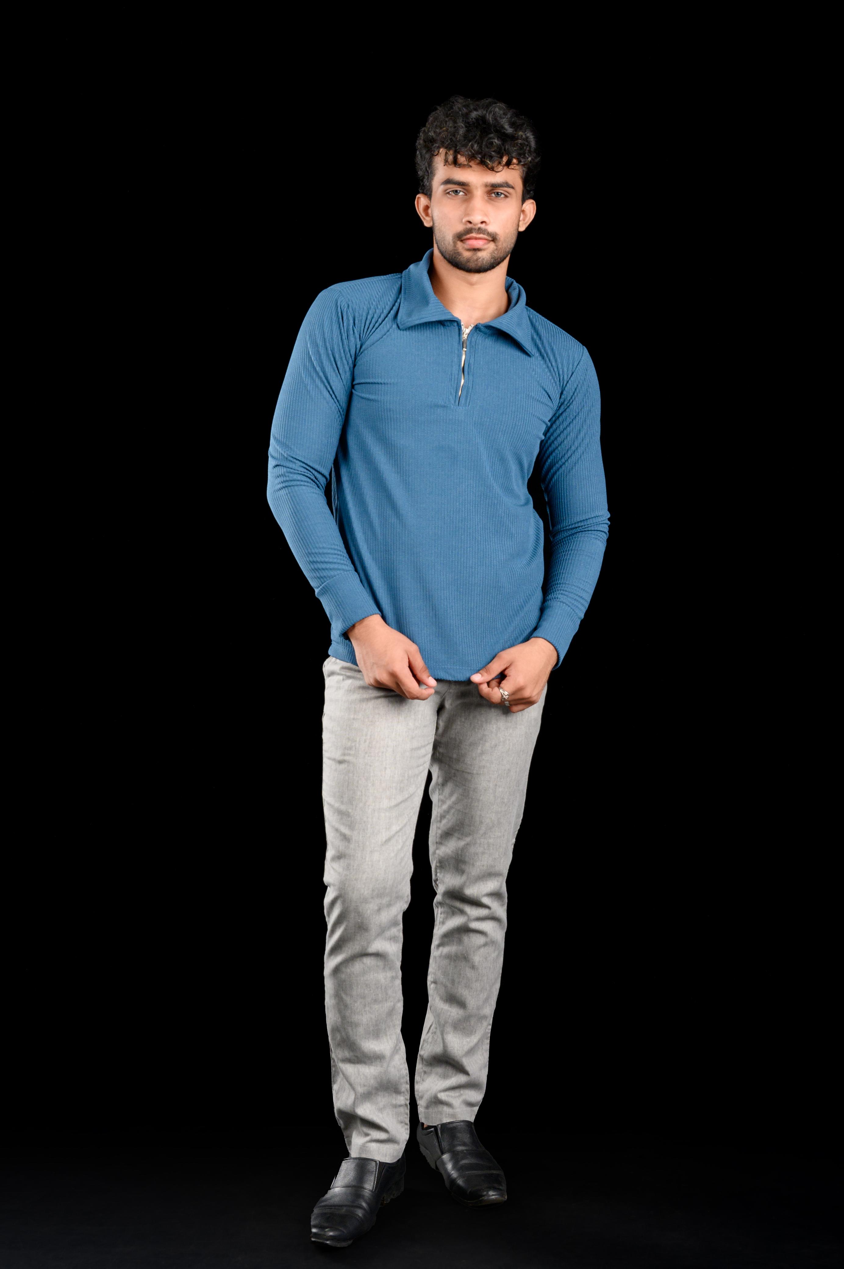 Him & Her Product Steel Blue Textured Long sleeve Zip polo